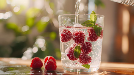 A glass of sparkling water with fresh raspberries and mint leaves, captured in a sunlit setting.の素材