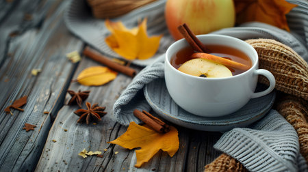 A warm and inviting autumn-themed image featuring a cup of tea with apple slices and cinnamon, surrounded by fall leaves and cozy textiles.の素材