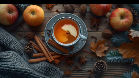 A warm cup of tea with autumnal decorations and cozy knitwearの素材