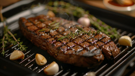 A juicy grilled steak with aromatic herbs on a grilling panの素材