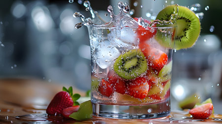 A vibrant fruit-filled water splash sceneの素材