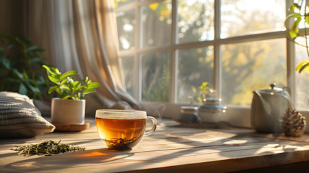 A Warm and Inviting Tea Setting Bathed in Sunlightの素材