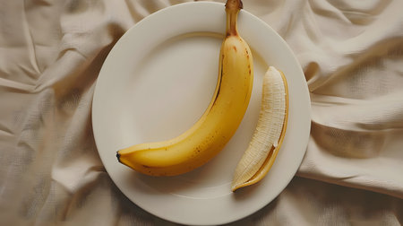 A banana and its peeled segment presented on a plate, against a draped fabric backgroundの素材