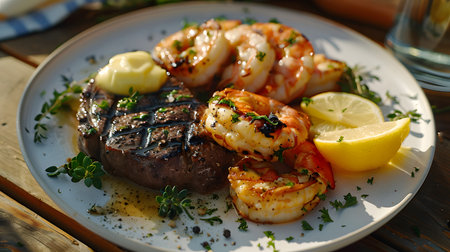 Steak and Shrimp Dish with Lemon and Herbsの素材