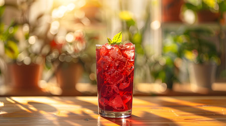 A vibrant red iced beverage with fresh mint set against a sunny backdropの素材