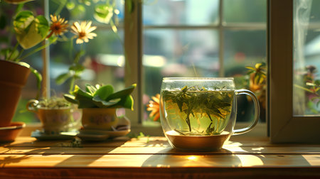 A serene setting featuring a clear glass mug of herbal tea bathed in warm sunlight by a window, surrounded by potted plants.の素材