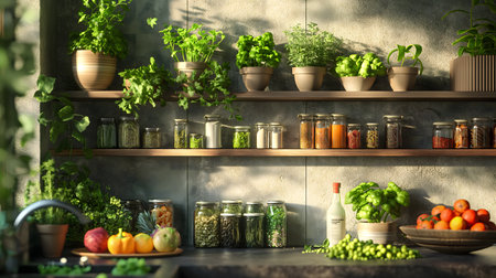 A cozy kitchen shelf adorned with fresh herbs, jars of preserves, and a bounty of fresh produce.の素材