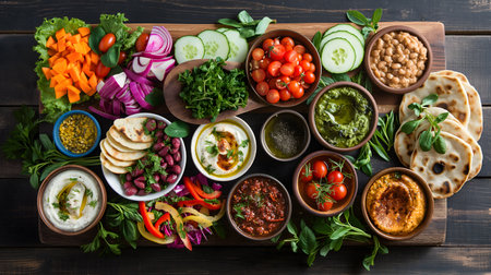 A Top-Down View of Mediterranean Cuisine Arranged Neatly on a Dark Surfaceの素材