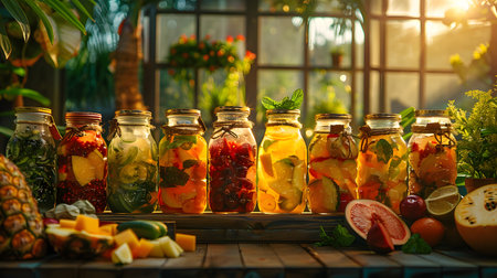 Assorted Fruit-Infused Water in Glass Jars Against Garden Backdropの素材