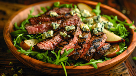 Succulent Slices of Grilled Meat on Fresh Greensの素材