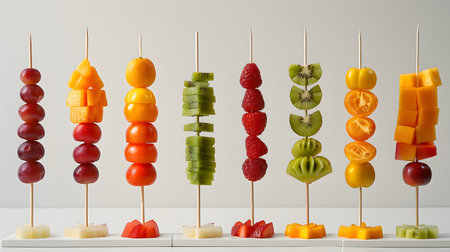 An array of fresh fruit pieces artistically skewered and presented on a plain background.の素材