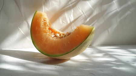 A fresh cut piece of cantaloupe melon illuminated by natural lightの素材