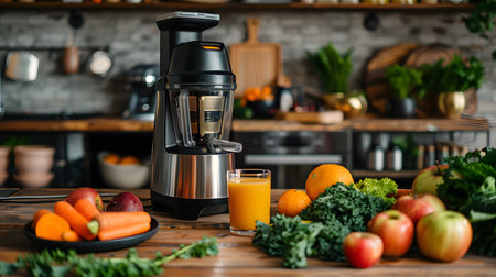 Home juicing setup with fresh fruits and vegetables ready for useの素材