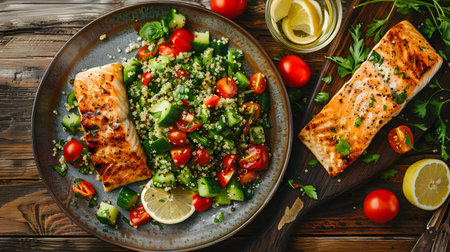 Healthy Grilled Salmon Dish Served with Quinoa Saladの素材