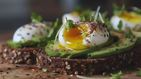 Gourmet Avocado Toast Topped with Poached Eggs and Seasoningsの素材