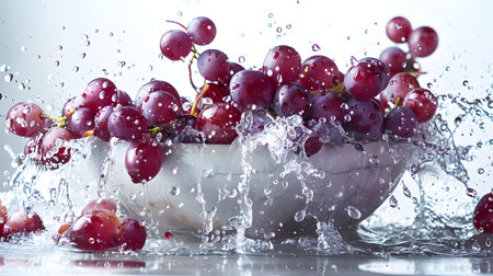 Dynamic close-up of red grapes immersed in water with splashesの素材