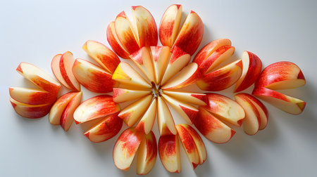 A creative display of apple slices arranged in a circular pattern resembling a flowerの素材