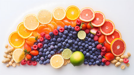 Colorful Display of Fresh Fruits Including Citrus and Berriesの素材