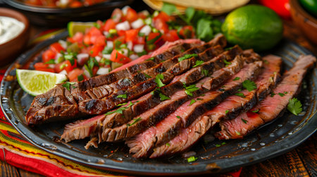 A mouthwatering display of a grilled steak sliced and garnished with herbs, accompanied by fresh sides.の素材