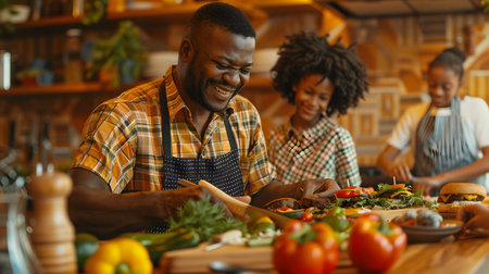 A joyful cooking session with family preparing a meal in a kitchen settingの素材