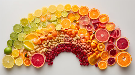 A colorful arrangement showcasing a variety of citrus fruits and nuts forming an arch shape on a light background.の素材
