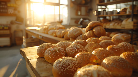 Freshly Baked Bread and Pastries Basking in Morning Lightの素材