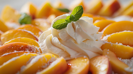 Close-up of a dessert made with sliced peaches, whipped cream, and fresh mint leaves.の素材