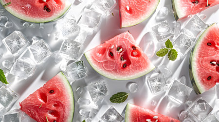 Chilled Watermelon Slices Amongst Melting Ice Cubesの素材