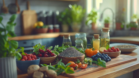 A variety of fresh fruits, vegetables, and pantry items displayed on a wooden kitchen countertop.の素材