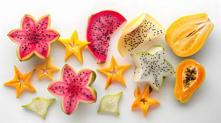 A colorful display of cut exotic fruits, including dragon fruit, starfruit, and papaya.の素材