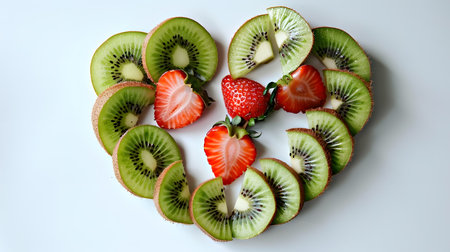 Creative Arrangement of Sliced Kiwi and Strawberries on White Backgroundの素材