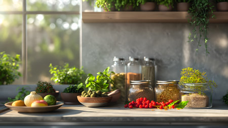 A Bright Kitchen Display of Fresh Produce and Pantry Itemsの素材