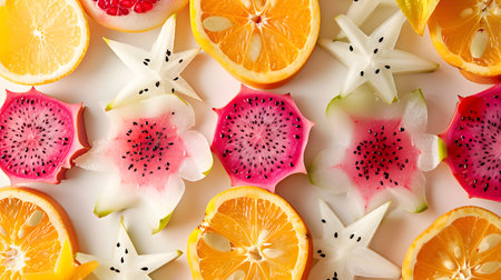 A vibrant flat lay of sliced tropical and exotic fruits with a focus on their cross-sections.の素材