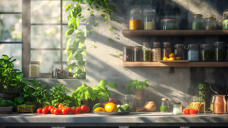 A well-organized kitchen scene featuring a variety of fresh vegetables, herbs, and dry pantry items on shelves.の素材