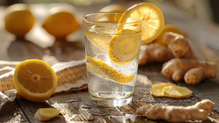 A vibrant still life featuring a glass of water infused with lemon and ginger slicesの素材