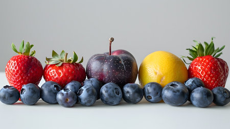 A variety of colorful fruits displayed on a plain surface, showcasing healthy food choices.の素材
