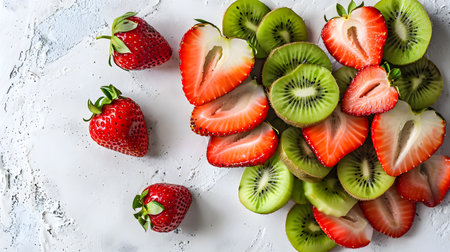 A variety of sliced strawberries and kiwi fruit artistically arranged and presented on a white surface, depicting fresh, healthy eating.の素材