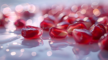 Close-up of shiny pomegranate seeds on reflective surface surrounded by soft focus lightsの素材