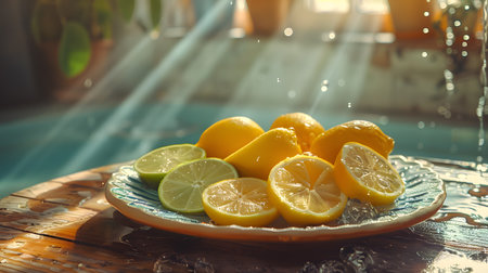 Freshly Sliced Lemons and Limes on a Plate with Sun Flaresの素材