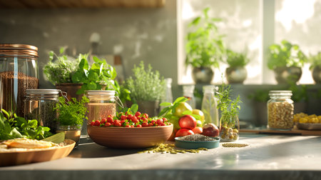 Vibrant Display of Fresh Fruits, Vegetables, and Whole Grains in Kitchenの素材