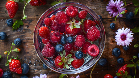 Assortment of Mixed Berries in Water with Flowersの素材