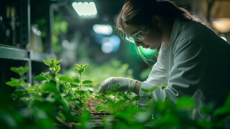 Female researcher conducting an analysis on plant growth in a controlled environmentの素材
