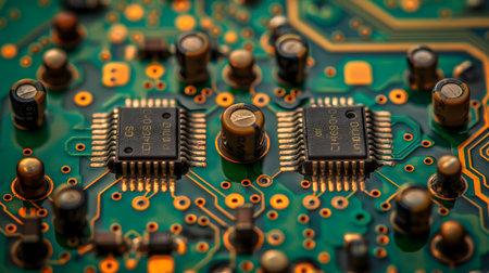Close-Up View of a Printed Circuit Board (PCB) with Electronic Componentsの素材