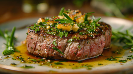 A juicy steak seasoned with herbs, spices, and garnish on an elegant plate.の素材