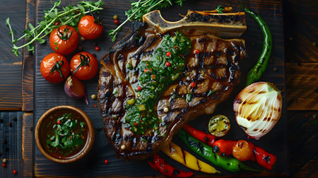 A delectable grilled T-bone steak accompanied by an assortment of roasted vegetables.の素材