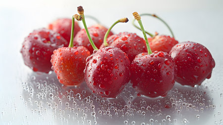 A close-up view of a group of ripe cherries covered in water droplets, showcasing their freshness and juiciness.の素材
