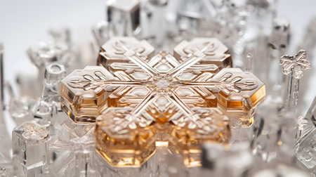Shimmering Golden Snowflake with Transparent Crystal Decorationsの素材
