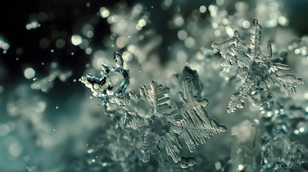 Close-up view of crystal clear snowflakes against a bokeh backgroundの素材