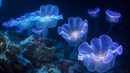 An underwater scene showcasing a group of glowing jellyfish with a bioluminescent display on a dark oceanic backdrop.の素材