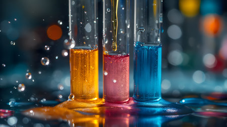 Close-up of three test tubes with yellow, red, and blue liquids, sparkling with bubbles.の素材